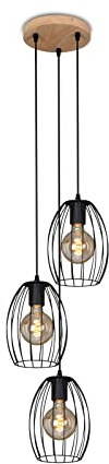 BRILONER Leuchten Pendelleuchte Holz, Retro Hängelampe, Rondell 3-flammig, E27 max. 60 Watt, Esszimmerlampe 4040-035 Schwarz