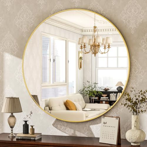 HARRITPURE Runder Spiegel, 50 cm, Wandmontage, kreisförmiger Spiegel mit Rahmen aus gebürsteter Aluminiumlegierung, Moderne Dekoration für Badezimmer, Wohnzimmer, Schminktisch, Schlafzimmer