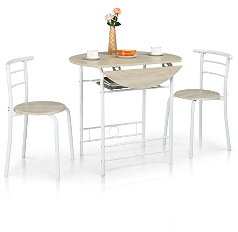 VINGLI 31.5 Drop Leaf Dining Table Set for 2, 3 Pieces Dining Table with Chair for Small Space, Small Kitchen Extendable Folding Dining Table for Dining Room，Home, Apartment, Saving Places, White Oak