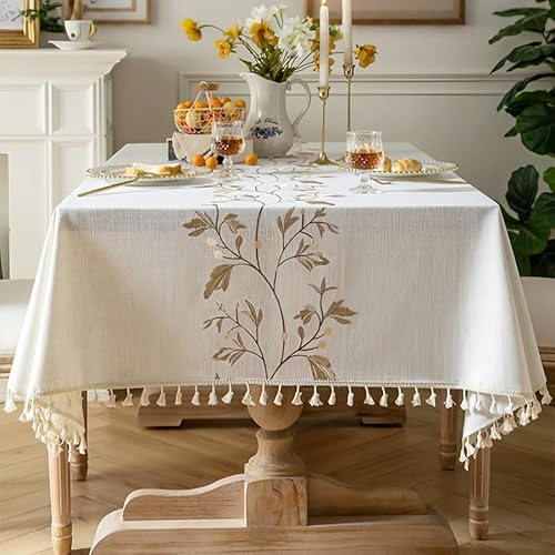 Pahajim Tablecloths Rectangular Washable Cotton Linen Tablecloth Anti-Wrinkle Tassel Design Fabric Table Cover for kitchen, Dining, Outdoor Garden Tabletop(Beige,55 x 118 Inch)