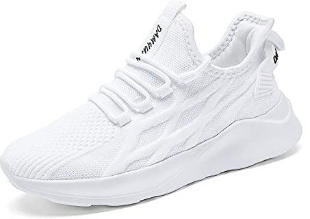 Mens Running Trainers Walking Jogging Gym Fitness Tennis Sneakers Breathable Mesh Slip on Casual Flatss Shoes for Men White Size 8