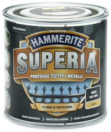 Hammerite Superia smalto metallo antiruggine interno e esterno, Opaco Nero, 250 ml