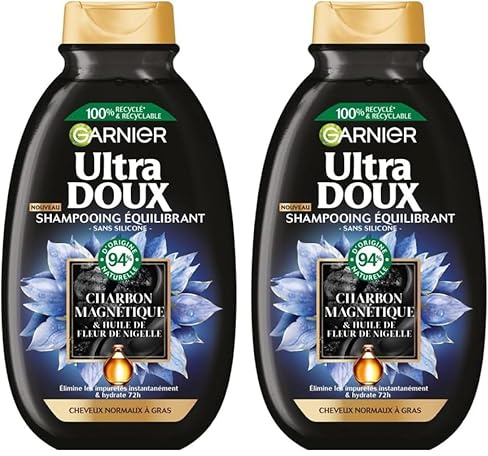 Garnier Ultra Doux - Shampooing Hydratant & Équilibrant au Charbon Magnétique & Fleur de Nigelle - Pour Cheveux Normaux à Gras - 250 ml