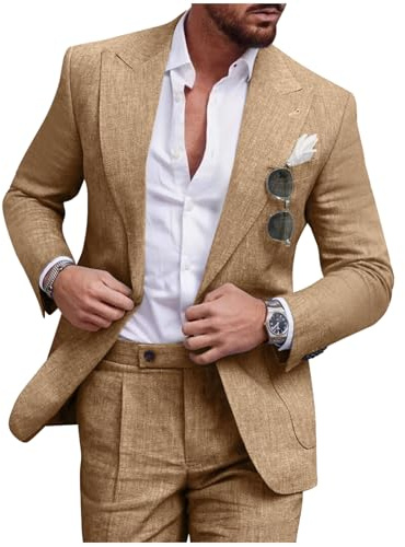 Diaryan Ensemble de Costume décontracté 2 pièces en Lin pour Homme, Blazer à Un Bouton, Veste et Pantalon pour Bal de Fin d'année, fête de Mariage, Kaki, Taille XL