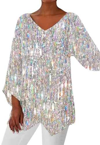 Camisetas De Vestir Mujer Elegantes Manga Larga Lentejuelas Brillante Moda Patchwork Camisa Blusa Chic Clubwear Sólidos Estampadas tee Tumblr Fiesta Tops Suave Y Cómodo