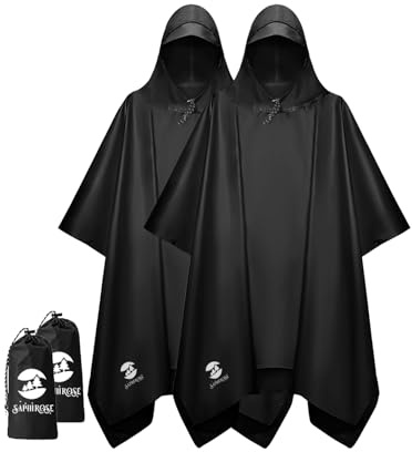 SaphiRose Hooded Rain Poncho Waterproof Raincoat Jacket for Men Women Adults (Black 2 Pack)