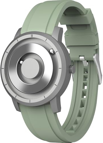 EUTOUR Relojes para Hombre de Bolas Magnéticas, Espejo Esfera de 40mm, 5ATM Impermeable, Reloj Analógico de Cuarzo con Correa de Silicona, Gris y Verde
