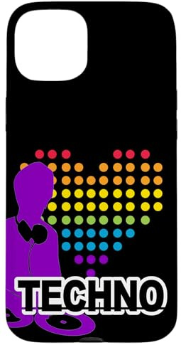 DJ avec tourne-disque et cœur, batterie et basse, techno Coque pour iPhone 15 Plus