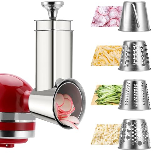 Stainless Steel Slicer Shredder Attachment for KitchenAid Mixers, Dishwasher Safe Cheese Grater Attachment, Food Slicer & Vegetable Chopper Accessory-4 Blades