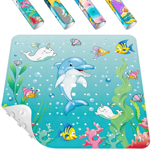 HITSLAM Square Shower Mat Non Slip Anti Mould for Kids, 53 x 53cm Baby Bath Mat Anti Slip, Bathtub Mat with Strong Suction Cups and Drain Holes, Soft on Feet, Machine Washable, Dolphin
