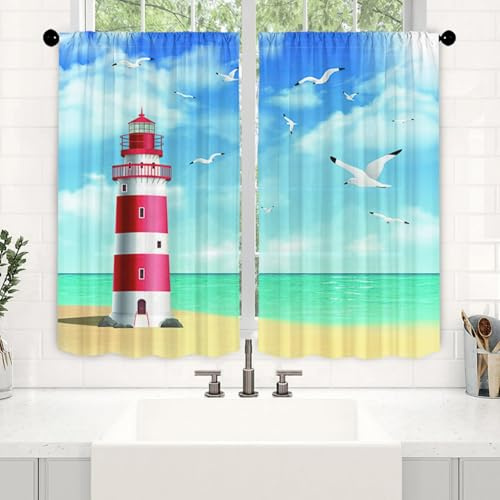 Odot Scheibengardinen Modern Kurz Küche, Kurzvorhang Bistrogardine Küche Landhausstil 2 Stück 3D Meerblick Muster Kurzstores Gardinen mit Stangendurchzug (Leuchtturm,W 90 H 60cm)