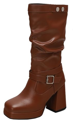 Mo Joc Bottes pour femme à talon bloc avec boucle en daim | Plateau de 2,5 cm pour plus de confort, de stabilité au quotidien, marron, 34 EU
