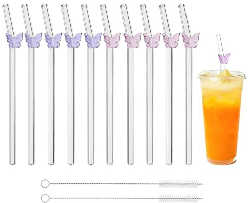 12-teiliges Glasstrohhalme Set, 20 cm x 8 mm, mit 2 Reinigungsbürsten