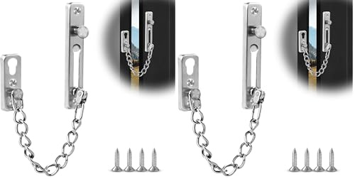 elzle Chaîne de Sécurité pour Porte en Acier Inoxydable, avec Bouton Anti-Vol, 4 Vis Incluses, Sécurité pour Porte d'Entrée, Portes Intérieures & Fenêtres (Argent) (Lot de 2)