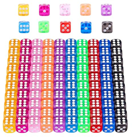 HAXIHA 100 Piezas Dados 6 Caras,12mm Dados Colores Translúcidos, Esquina Redondeados,para Juegos de Tenzi,Farkle,Yahtzee,Bunco Mesa 10 Colores