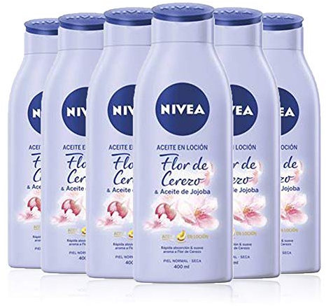 NIVEA Aceite en Loción Flor de Cerezo & Aceite de Jojoba en pack de 6 (6 x 400 ml), loción corporal de rápida absorción, loción para el cuidado de la piel seca y normal