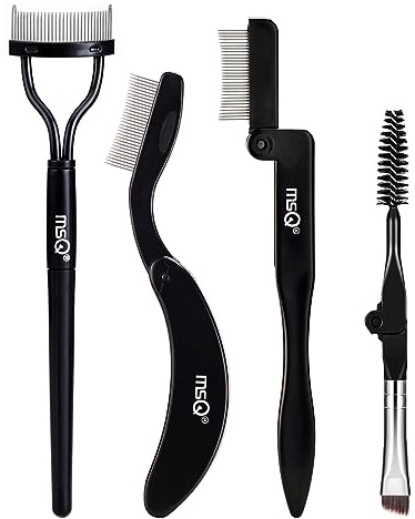 MSQ 4 Pcs Folding Eyelash Comb Dou Eyebrow Brush with Spoolie Mascara Separator Metal Teeth Eyebrow Eyelash Grooming Brushes for Define Eyelash and Eyebrow