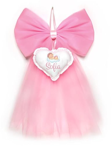 Crociedelizie, fiocco nascita bimba in tulle rosa nome personalizzato elegante semplice coccarda fuori porta cuore