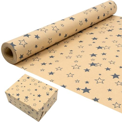 Rotolo di carta da regalo per compleanno: carta kraft con motivo festivo a stella blu, carta da regalo riciclabile 43 cm x 15 m