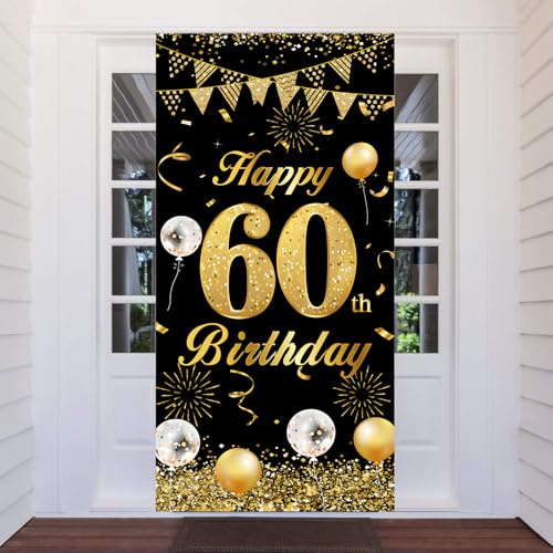 60.Geburtstag Banner Schwarz Gold, 60 Jahr Geburtstag Deko Tür Hintergrund für Männer Frauen, Großer Stoff 60 Geburtstag Party Dekoration Türbanner für Tisch Wand Dekoration, 180 x 90cm