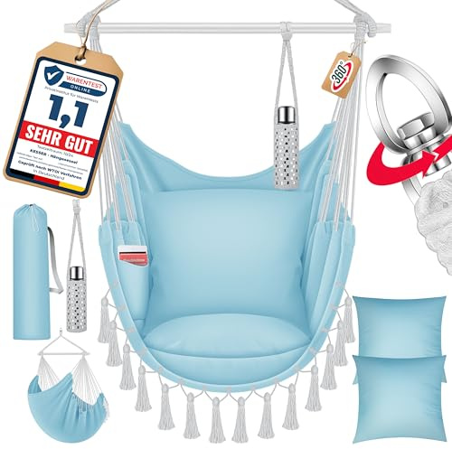 KESSER® Hamaca colgante Safari XXL para adultos y niños, hamaca de hasta 150 kg, asiento colgante para interiores y exteriores, incluye bolsa de transporte, 2 cojines, soporte para bebidas y