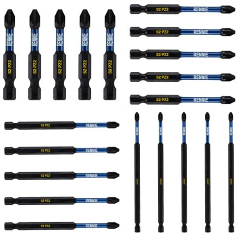 20 x Rennie Tools 50mm 75mm 100mm 150mm Long PZ2 Impact Screwdriver Driver Bits Set. Heavy Duty PoziDriv POZI No.2 Magnetic Screwdriver Bit Set. PZ2 Impact Driver Bits Pozidrive Screw Accessories