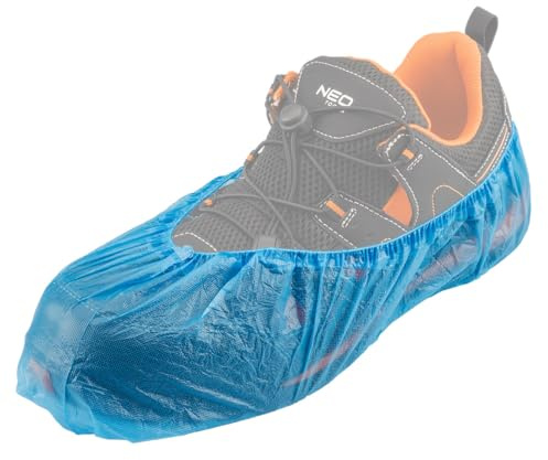 NEO TOOLS Schuhüberzieher Einweg Extra Stark, Blaue CPE Überziehschuhe, 100 Stück, Regenschutz Überschuhe, Schuh Überzieher wasserdicht, latexfreie Schuhschutz, Schuh Überzug für die Baustelle