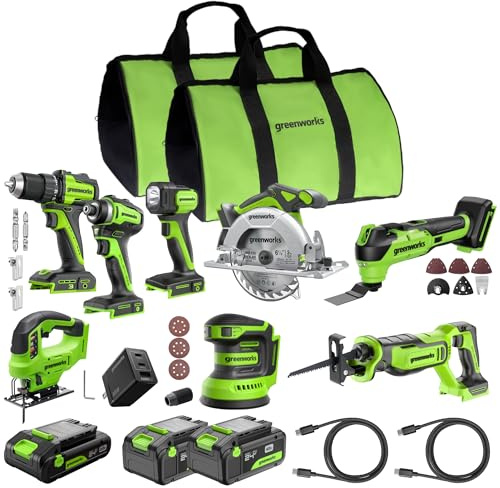 GREENWORKS 24V (8-TOOL) Combo (Drill, Impact Driver, Circular Saw, Reciprocating Saw, Jigsaw, Multi-Tool, Sander, Flashlight), 4.0Ah + (2) 2.0Ah (Power Bank) Batteries, (2) Cables, 65W Rapid Charger