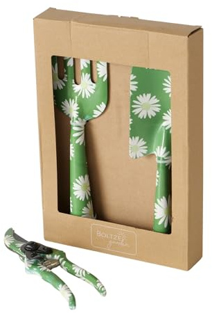 BOLTZE Daisie 2055385 Lot de 3 Outils de Jardin en métal, Motif Floral, Pelle, Fourchette, sécateur, Accessoire de Jardinage, Accessoire de Jardin