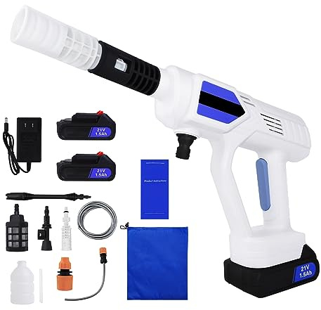 Idropulitrice a batteria, 30 bar/435PSI, mini idropulitrice ad alta pressione, batteria 2 x 1500 mAh, ugello regolabile a 180°, tubo da 5 m, utilizzata per lavaggio auto, pulizia e irrigazione dei