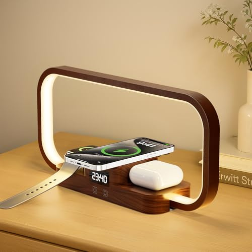 CRLL Bedside Lamp with Wireless Charger & USB Port Charger, Bedroom Lamp with Clock, Desk Lamp for Nightstand,Touch Lamps for Bedroom, 5 Color Dimmable Control,Plastic (Brown)