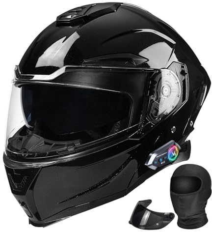 Casque de Moto modulaire Bluetooth, homologué ECE/Dot, Casque intégral Rabattable avec Double visière, Haut-parleurs intégrés et Microphone, for Adultes, Hommes et Femmes(E,XL58~59CM)