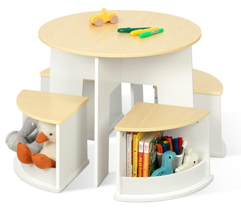 OOOK Kindertisch mit 4 Stühlen, Kindertisch Holz mit 4 Stauraumhocker, Maltisch für Kinder ab 3 Jahren, Kinder Tisch Stuhl Set, Kindersitzgruppe für Kinderzimmer, Spielzimmer