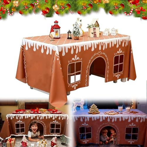 VNDGEOUH Gingerbread House Christmas Tablecloth, Funny Christmas Tablecloth Rectangle, Holiday Painting Table Cover, Interactive Playhouse with Playful Cut-Out Windows(91 * 118 in)