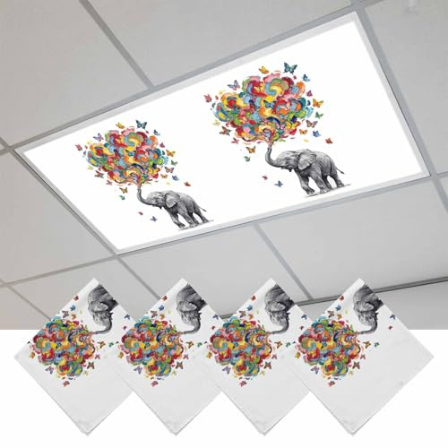 Fluorescent Light Covers, Cute Elephant Magnetic Light Covers for Ceiling Lights, Modern Abstract Oil Painting Aesthetic Fluorescent Ceiling Shade Filters for Classroom Bedroom Office 4x2Ft x 4PCS