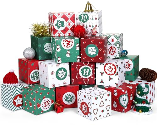 KESOTE DIY Empty Advent Calendar, 24 Cardboard Treasure Boxes with 1-24 Number Stickers Christmas Countdown Calendar for Xmas Holiday Decor