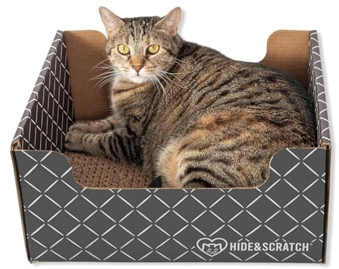 Hide & Scratch Kratzbrett Katze – Katzen Kratzpappe & Kratzmatte für Katzen; Kratzbrett Box und Bett mit Nachfüllbarer Doppelseitiger Kratzpappe für Wohnungskatzen.