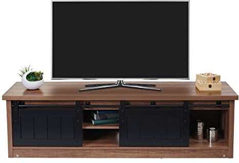 Mendler TV-Rack HWC-K75, Fernsehtisch TV-Board, Schiebetüren Staufächer, Holz-Optik Industrial Metall 43x150x40cm - braun