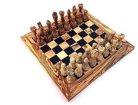 Schachspiel gerade Kante Größe wählbar L/XL inklusive 32 Schachfiguren aus Marmor Handgefertigt aus Wenge und Olivenholz (L)