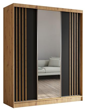ALTDECOR Kleiderschrank mit Spiegel und Schiebetüren, kugelgelagerte Führungsschienen und Aluminium-Leisten, LED-Beleuchtung (16 Farben) und Fernbedienung - NALLA - 180 cm Artisan + Schwarz + Artisan