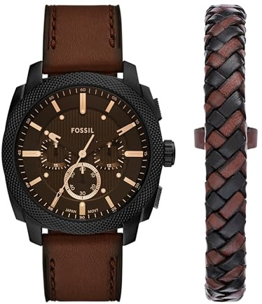 Fossil Orologio da uomo in acciaio inossidabile con cronografo, Set regalo in pelle marrone/nero, 44MM, Cronografo a macchina