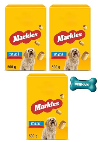 Markies Mini Dog Biscuits 3 × 500g Packs Crunchy Meat Filled Training Treats With DigiMart Poop Dispenser