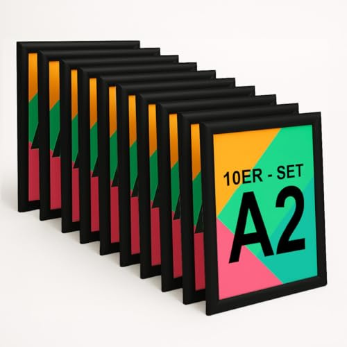 Aluanz Klapprahmen A2, Schwarz, 10er Set | Bilderleiste, Wechselrahmen mit Antireflexfolie, Posterleiste für Wandmontage, Hoch- & Querformat, 63 x 45 x 1,2 cm