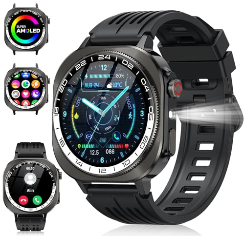 Military Smart Watch for Men(Answer/Make Calls), 2026 1.43 HD AMOLED Outdoor Fitness Watch with Flashlight/660mAh, Heart Rate/Sleep Monitor/SpO2/Pedometer/130+ Sports/IP68 Smartwatch Android iOS Gray