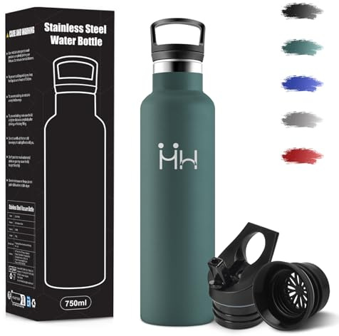 Gourde, 750 ml Sans BPA, Gourde Isotherme, 18/8 Acier Inoxydable, Bouteille Avec Paille et 2 Couvercles, Bouteille Isotherme pour Camping, Salle de Sport, Bureau - Vert militaire