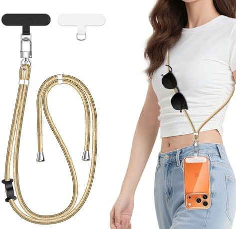 ivoler Handykette Verstellbar Handyband Universal, mit 2 Stück Patch und Robuste Haken mit alle Smartphones zum Aufhängen von kabellosen Kopfhörern, Schlüsseln, Sonnenbrillen usw -Gold