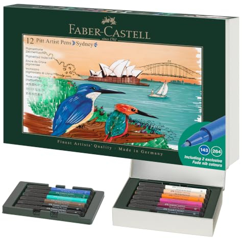Faber-Castell - Pitt Artist Pen Tuschestift Geschenkset Sydney | 12 Pinselstifte in Metallbox, City Collection, wasserfeste Zeichentusche für Handlettering, Illustration und Skizzen