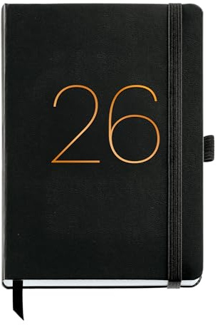 Miquelrius - Agenda 2026 semana vista, Similar A5+ (155 x 213 mm), Planificación semanal, Cubierta flexible símil piel cosida, Cierre goma, Bolsillo interior, Papel 80 g/m², Español-IN-PT, Negro