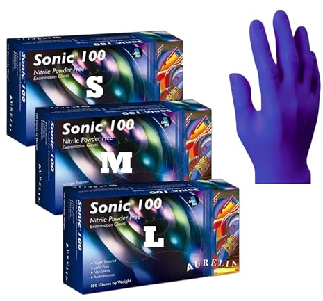 Aasram Aurelia Sonic 100 Nitrile Gloves | Powder Free, Latex Free, Disposable Examination Gloves | Small, Medium & Large | Blue, Textured, Ambidextrous | 100 Gloves per Box, Trio Pack