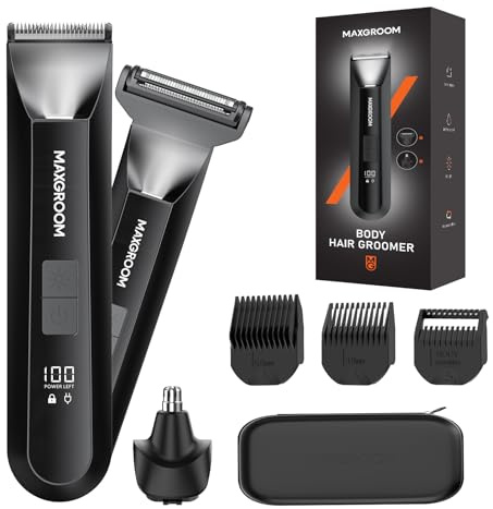 MAXGROOM Tondeuse Corps Homme 3 en 1, Tondeuse Intime et Barbe, Rasoir Électrique Multifonctionnel avec Tête Nez/Oreilles, Étanche IPX7, 120 Mins Autonomie, Charge USB-C, Sans Fil & Précision